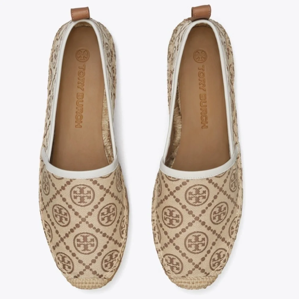 NWT TORY BURCH T MONOGRAM PLATFORM ESPADRILLE Hazelnut Logo Jacquard